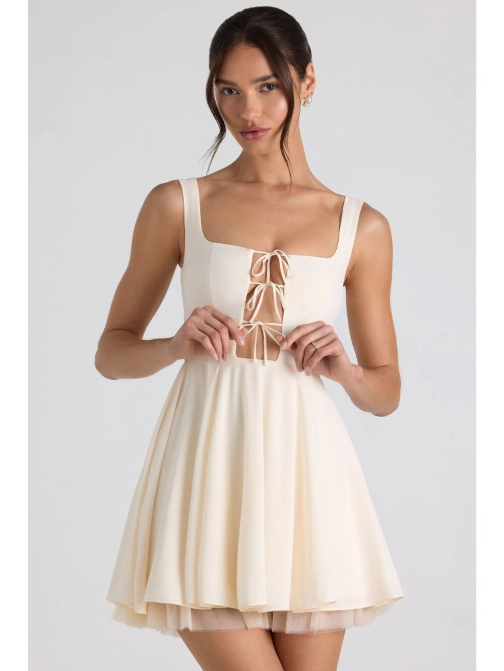 OH POLLY Nanisca Ivory Tie-Detail A-Line Micro Mini Dress Sz 10